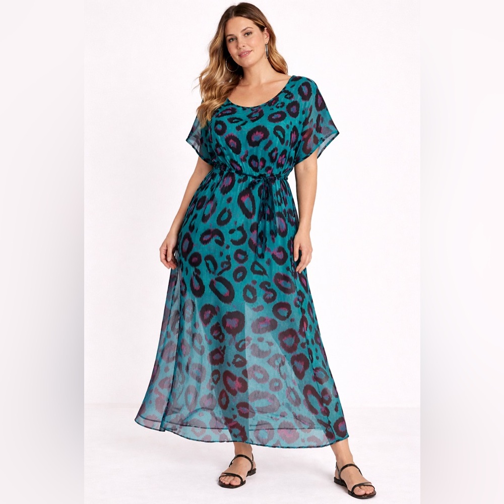 MT Collection XXL Teal Leopard Print Sheer Overlay Hi Lo Maxi Dress Unlined